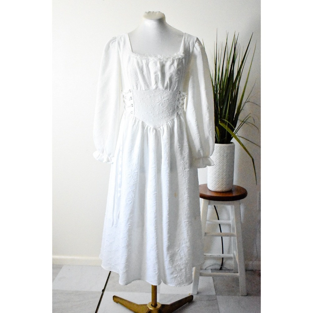 Qing Man Midi Dress Women Medium White Vintage Style Lace Up Corset cosplay